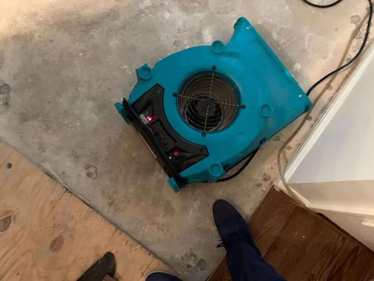 Air mover drying subfloor during Commercial Water Damage Restoration in Red Bank